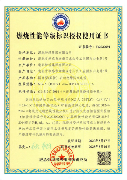 阻燃标志证书BTLY
